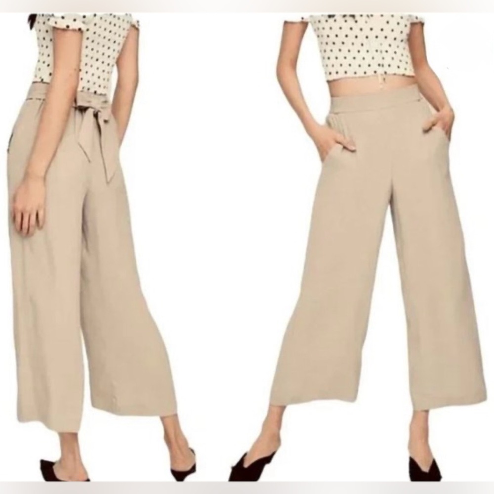 WILFRED BEIGE SIZE LARGE FAUN WIDE LEG CREPE TIE PANT FLOWLY